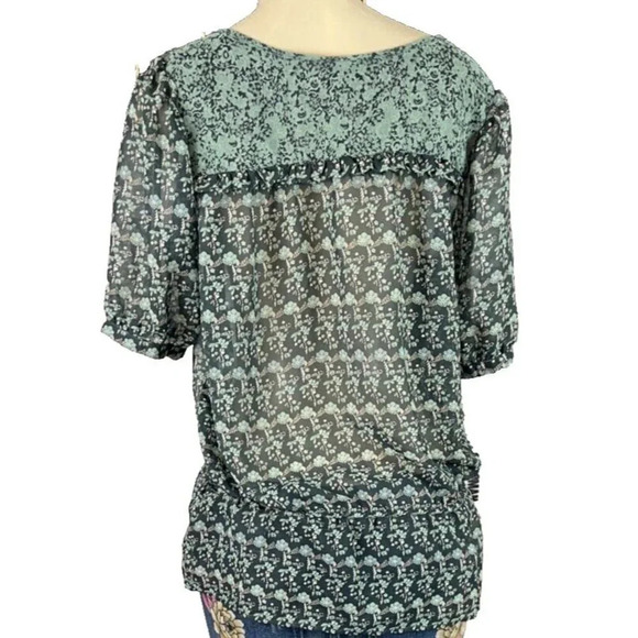 Rockmans 12 Green Floral Sheer Print Drop Elastic Waist Short Sleeve Blouse - Picture 5 of 6